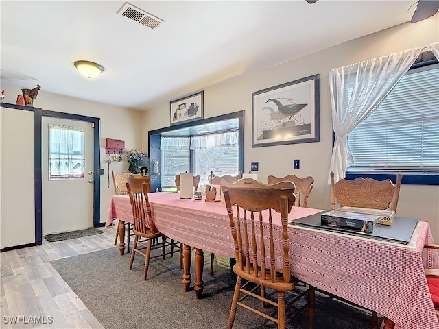 dining space featuring visible vents and light wood finished floors