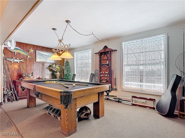 playroom featuring carpet floors, pool table, and wooden walls