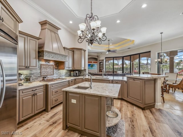 kitchen with a sink, a raised ceiling, plenty of natural light, and stainless steel appliances