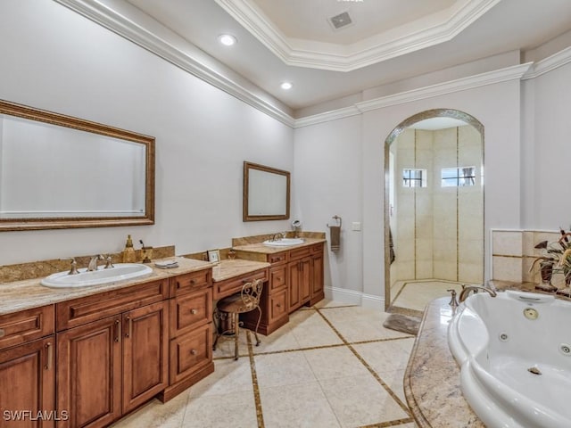 full bathroom featuring a sink, recessed lighting, crown molding, double vanity, and baseboards