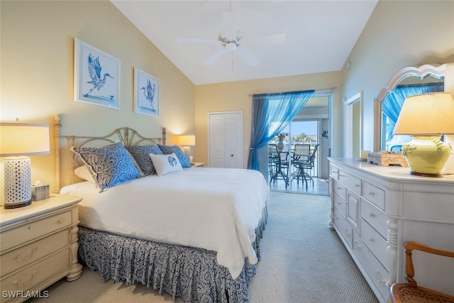 bedroom featuring vaulted ceiling, light colored carpet, a ceiling fan, and access to outside