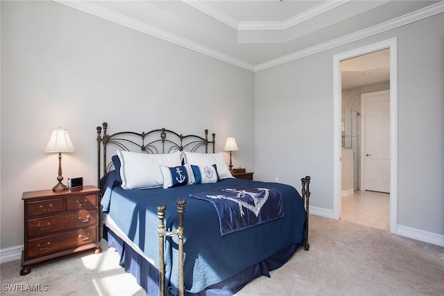 carpeted bedroom with crown molding and baseboards