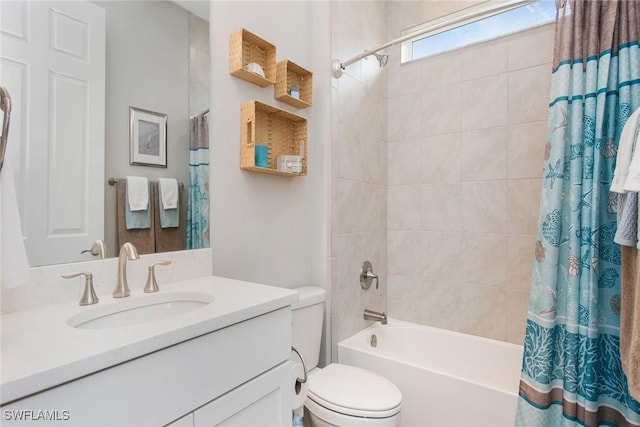 full bathroom with vanity, toilet, and shower / bathtub combination with curtain