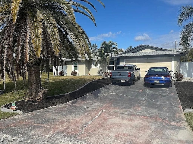 exterior space with driveway, a lawn, an attached garage, and stucco siding