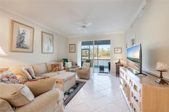 living area featuring light tile patterned flooring, a ceiling fan, and ornamental molding