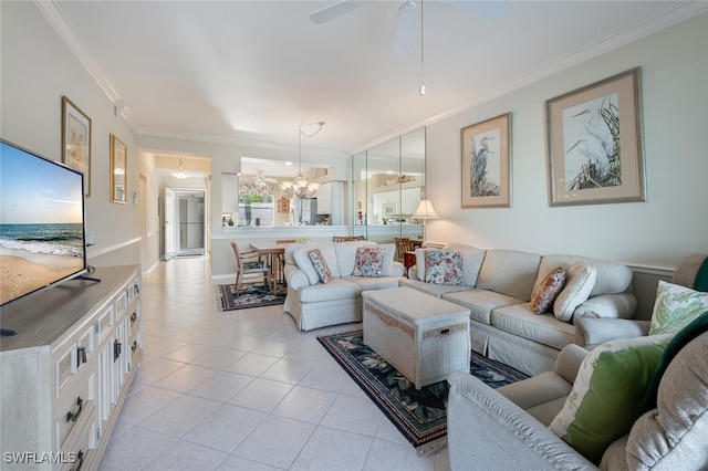 living room with crown molding, light tile patterned floors, and ceiling fan with notable chandelier