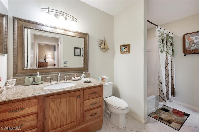 bathroom featuring tile patterned flooring, toilet, vanity, and shower / bath combination with curtain