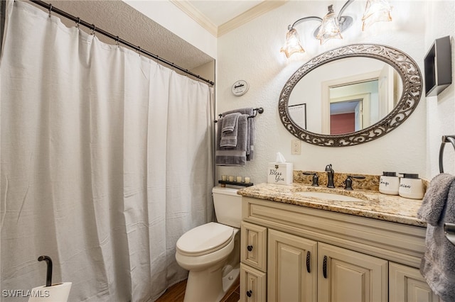 bathroom with toilet, a textured wall, crown molding, and vanity