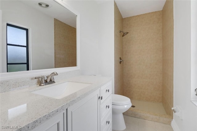 full bath featuring visible vents, toilet, a stall shower, vanity, and tile patterned floors