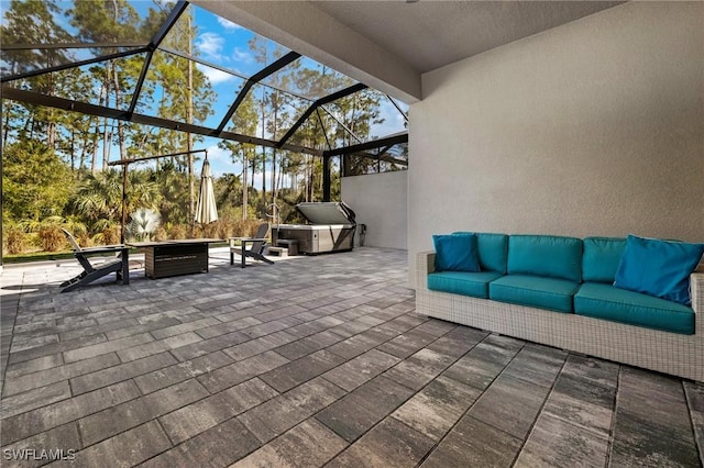 view of patio with a lanai and outdoor lounge area