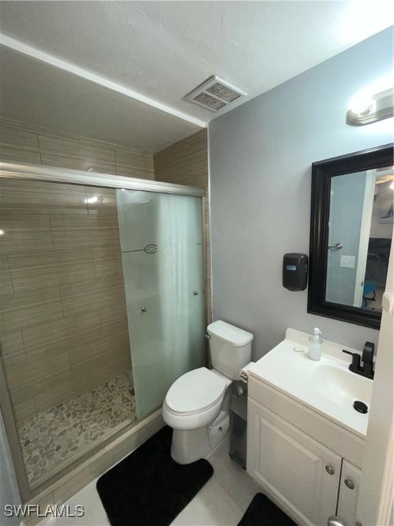 full bath with visible vents, a shower stall, toilet, and vanity