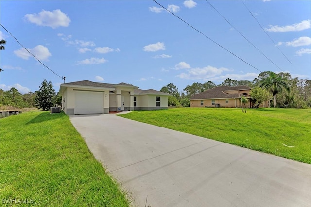 view of front of property with a front yard, concrete driveway, a garage, and stucco siding