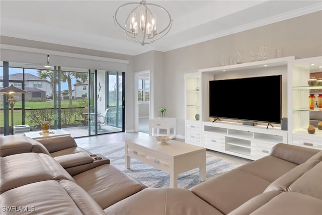 tiled living area featuring built in shelves, an inviting chandelier, and ornamental molding