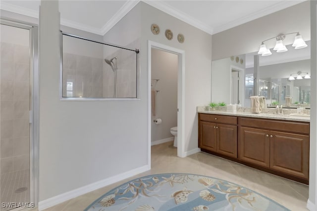 full bath featuring toilet, ornamental molding, a stall shower, tile patterned floors, and vanity