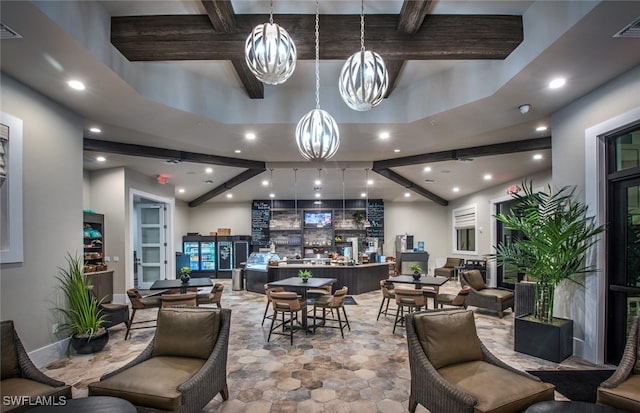 dining room with recessed lighting, beamed ceiling, and visible vents