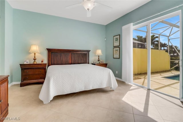 bedroom with access to outside, a sunroom, baseboards, and light tile patterned floors