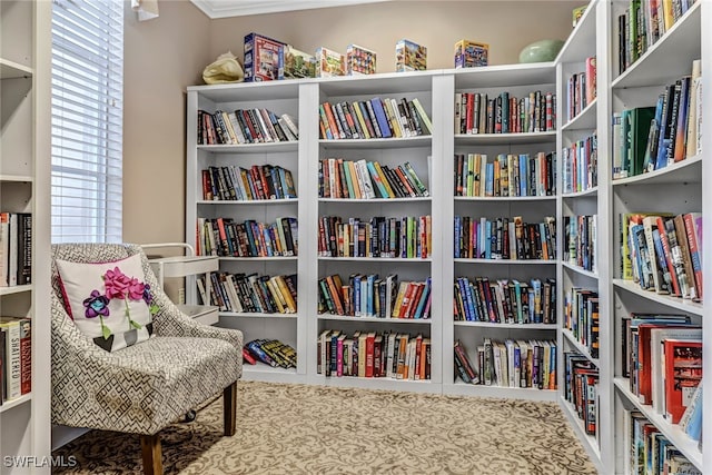 sitting room with wall of books