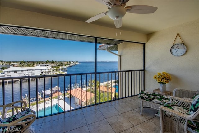 balcony featuring a ceiling fan and a water view