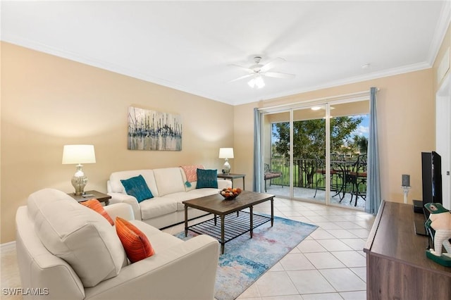 living room featuring ornamental molding, light tile patterned flooring, and ceiling fan