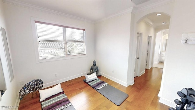 exercise area featuring crown molding, wood finished floors, and arched walkways