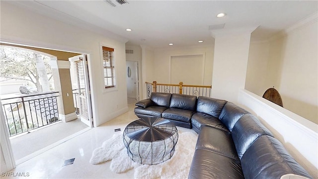 living room with recessed lighting and visible vents