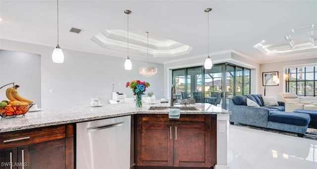 kitchen featuring a sink, stainless steel dishwasher, open floor plan, and a raised ceiling