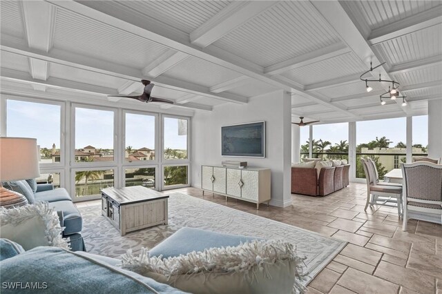 sunroom featuring beam ceiling, coffered ceiling, and ceiling fan