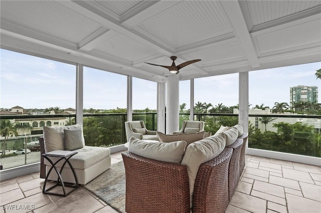 sunroom with coffered ceiling, ceiling fan, and beamed ceiling