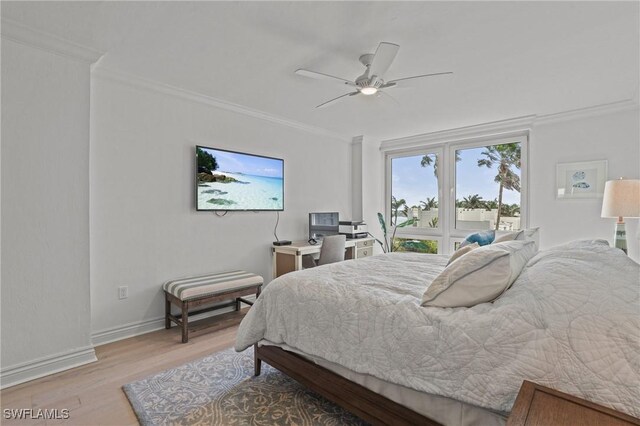 bedroom featuring ceiling fan, baseboards, access to outside, light wood finished floors, and crown molding