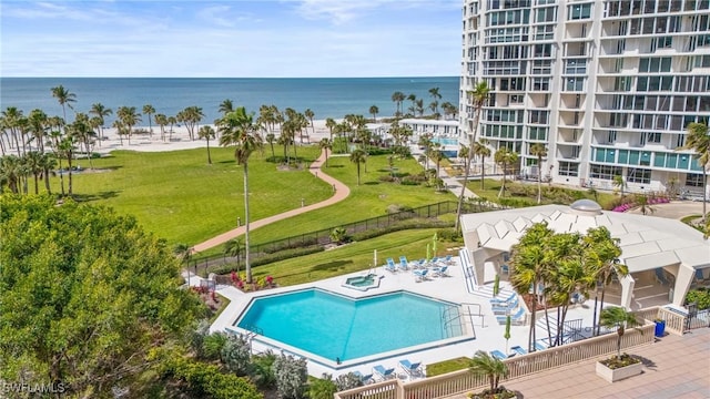 drone / aerial view with a water view