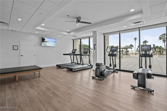 exercise room featuring expansive windows, a tray ceiling, and a ceiling fan