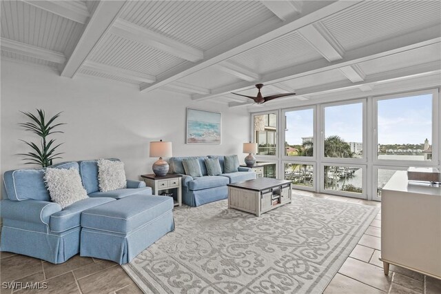 living room featuring a healthy amount of sunlight, ceiling fan, coffered ceiling, and beam ceiling