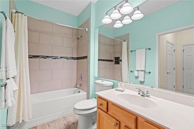 bathroom with vanity, shower / bath combination with curtain, toilet, and wood finished floors