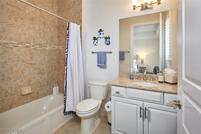 bathroom featuring toilet, ensuite bath, tile patterned floors, shower / bath combination with curtain, and vanity