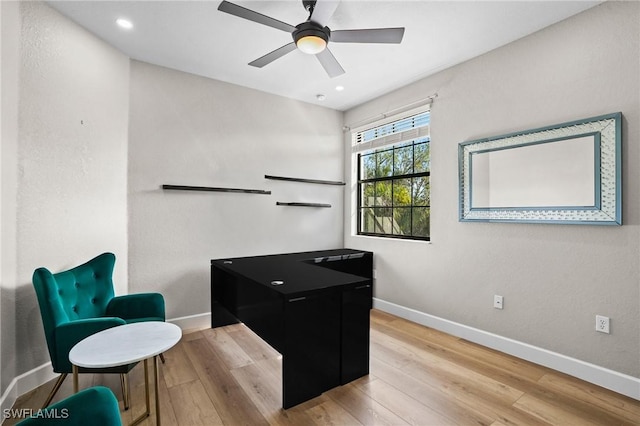 office with recessed lighting, a ceiling fan, baseboards, and wood finished floors