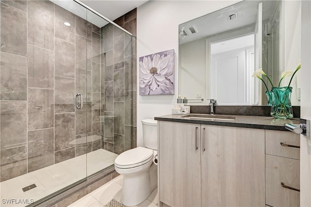 full bath with a stall shower, visible vents, vanity, and toilet