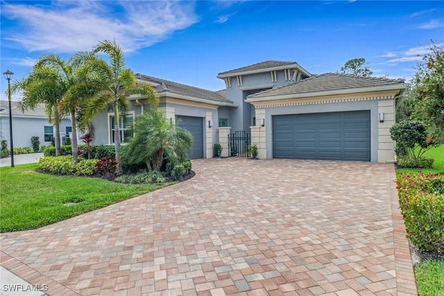 view of front facade featuring a garage, decorative driveway, and stucco siding