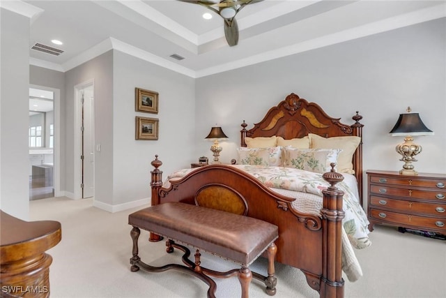 carpeted bedroom featuring ornamental molding, recessed lighting, visible vents, and baseboards