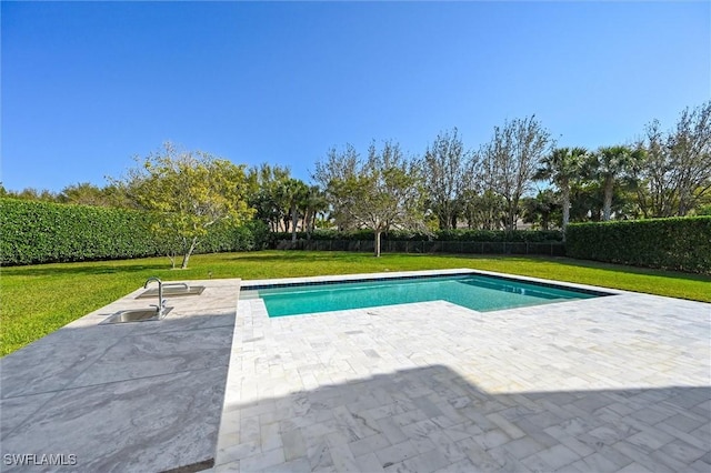 view of pool featuring a fenced in pool, a patio, a fenced backyard, a yard, and a sink