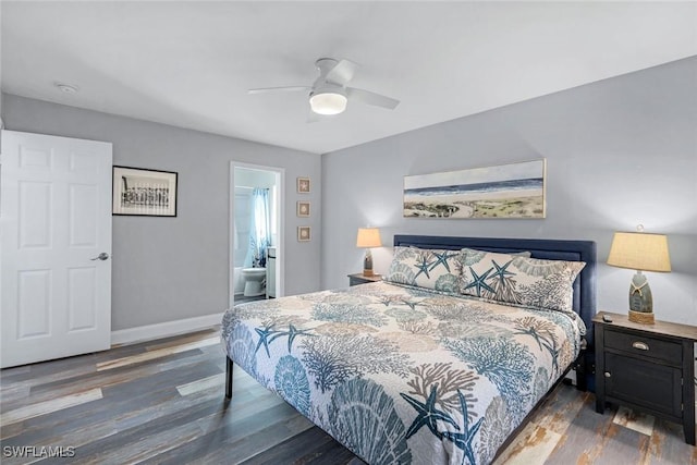 1416 SW 52nd Ter, Cape Coral, FL 33914 - bedroom with wood finished floors, baseboards, a ceiling fan, and ensuite bath
