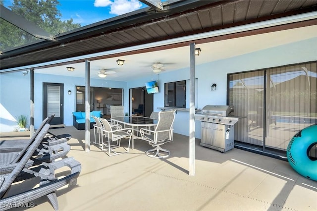 1416 SW 52nd Ter, Cape Coral, FL 33914 - view of patio featuring area for grilling, a ceiling fan, and outdoor dining area