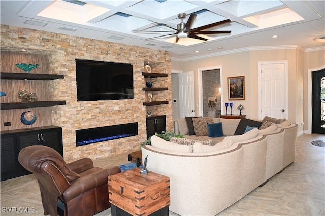 living area featuring coffered ceiling, a ceiling fan, beamed ceiling, crown molding, and a fireplace