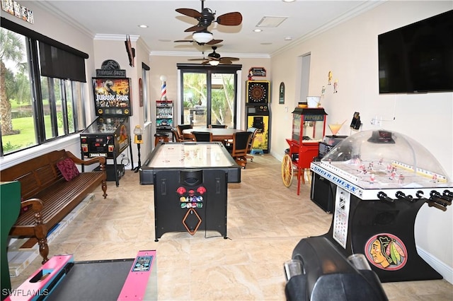 playroom featuring ornamental molding, recessed lighting, and baseboards