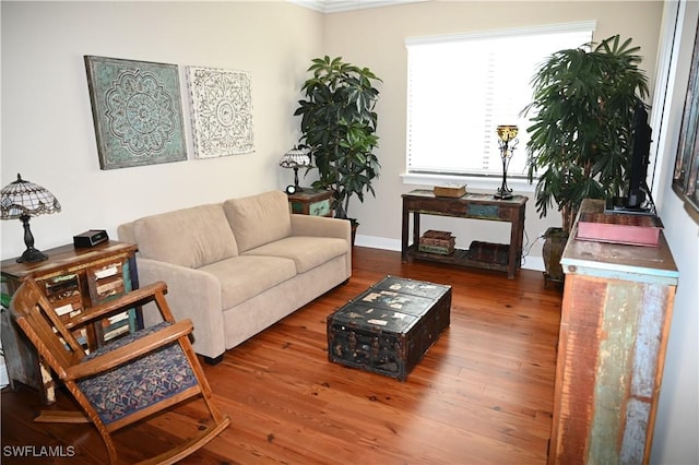 living area featuring baseboards and wood finished floors