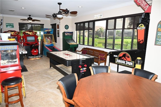 playroom with ornamental molding, recessed lighting, visible vents, and ceiling fan