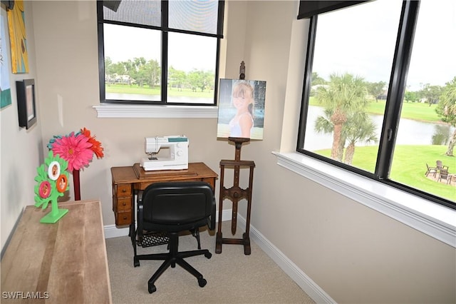 carpeted office with baseboards