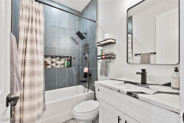 bathroom with shower / bath combo with shower curtain, toilet, and vanity