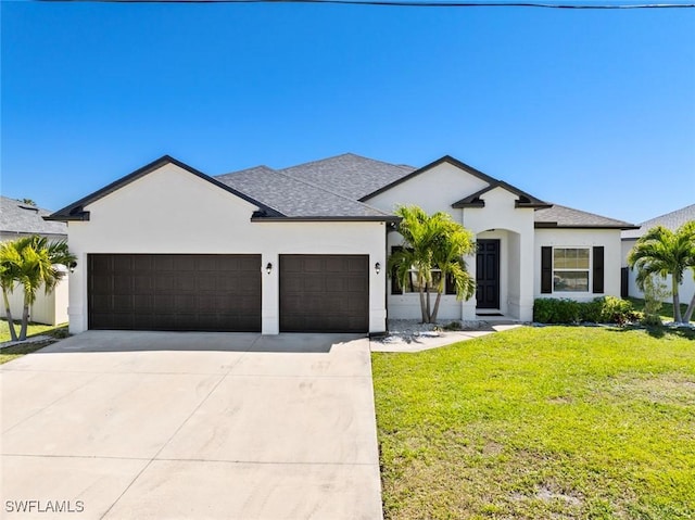 view of front of property featuring stucco siding, an attached garage, driveway, and a front yard