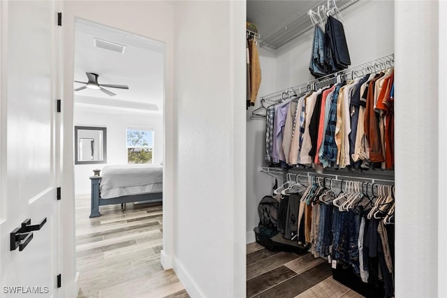 spacious closet with ceiling fan, visible vents, and wood finished floors