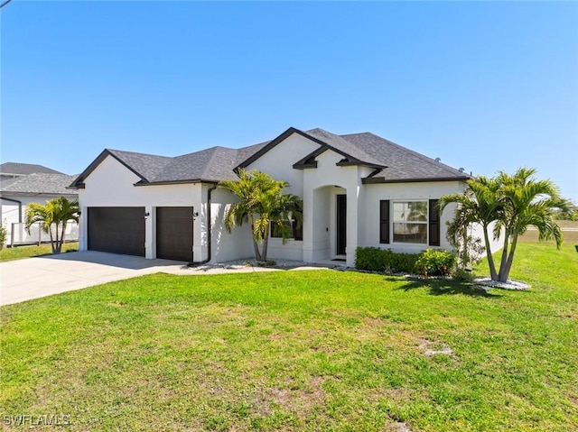 view of front facade with stucco siding, a front lawn, concrete driveway, and an attached garage